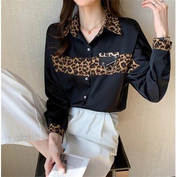 Autumn Office Lady Blouses Femme Long Sleeve Lapel Leopard Women's Elegant Striped Shirt Top